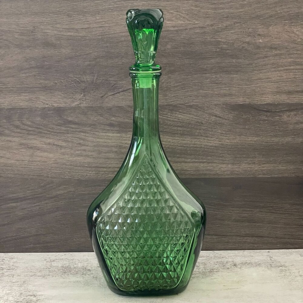 Vintage 1960s MCM Empoli Green Diamond Shield Glass Decanter Stopper Italy 14"